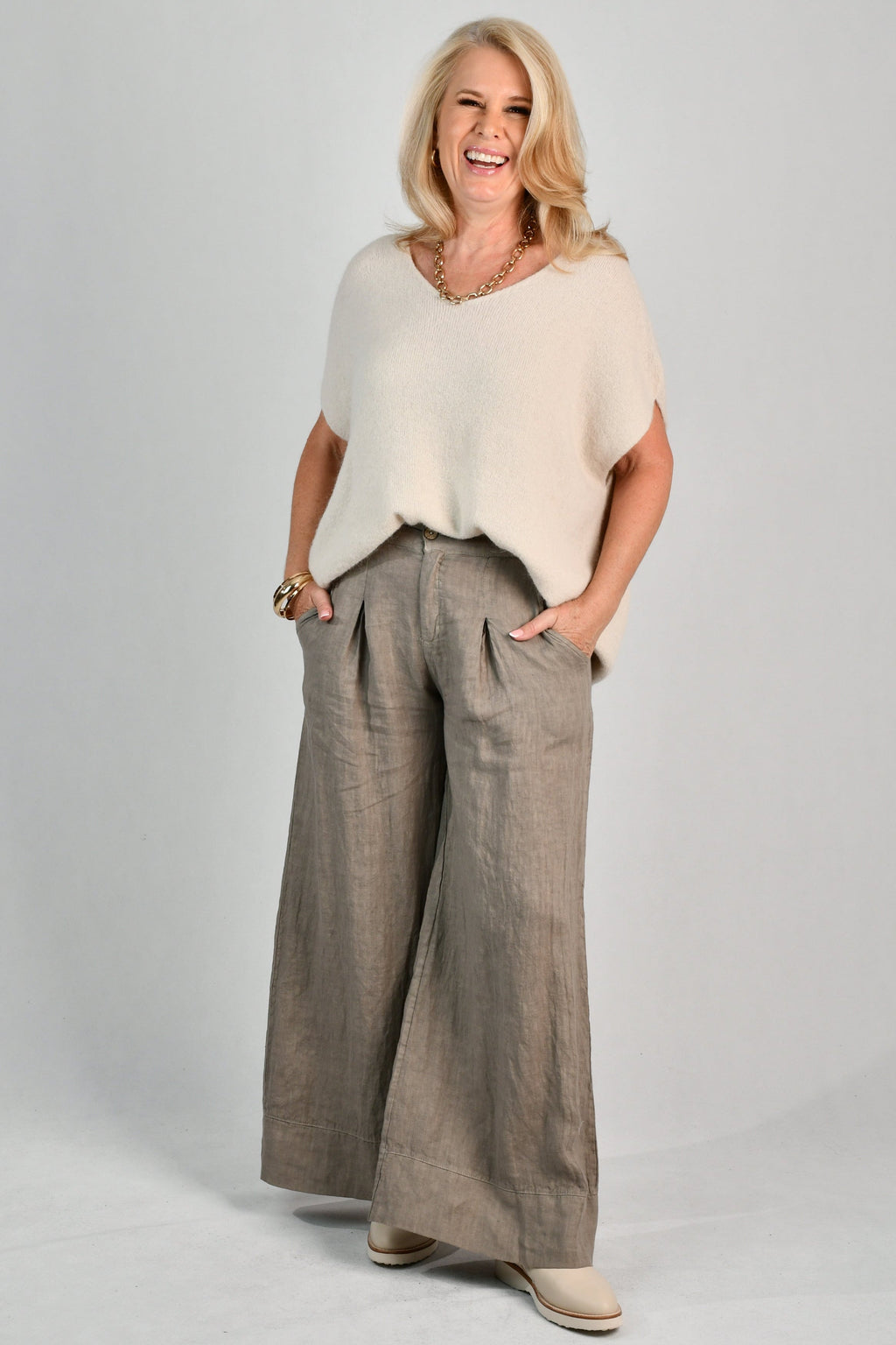 LA SOFIA VLSP130 (12786) - CAMILLA LINEN PANT - FANGO in Fango