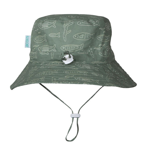 Acorn Kids School Of Fish Wide Brim Bucket Hat in Olive Green and White