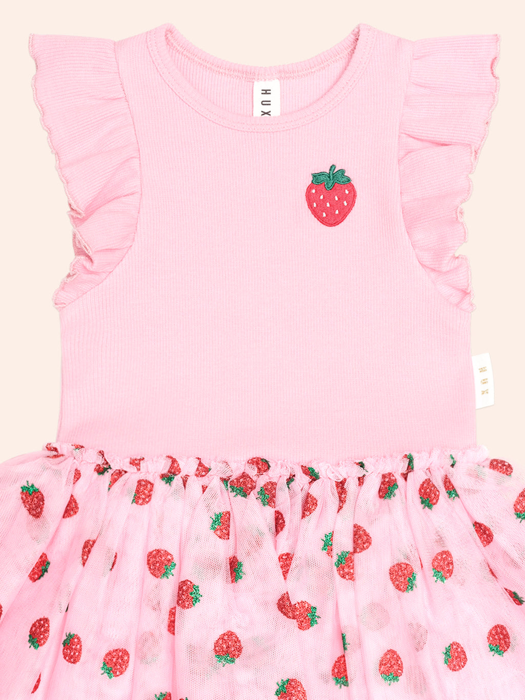 HUXBABY STRAWBERRY EMB S/SLV TULLE DRESS in STRAWBERRY CRÈME