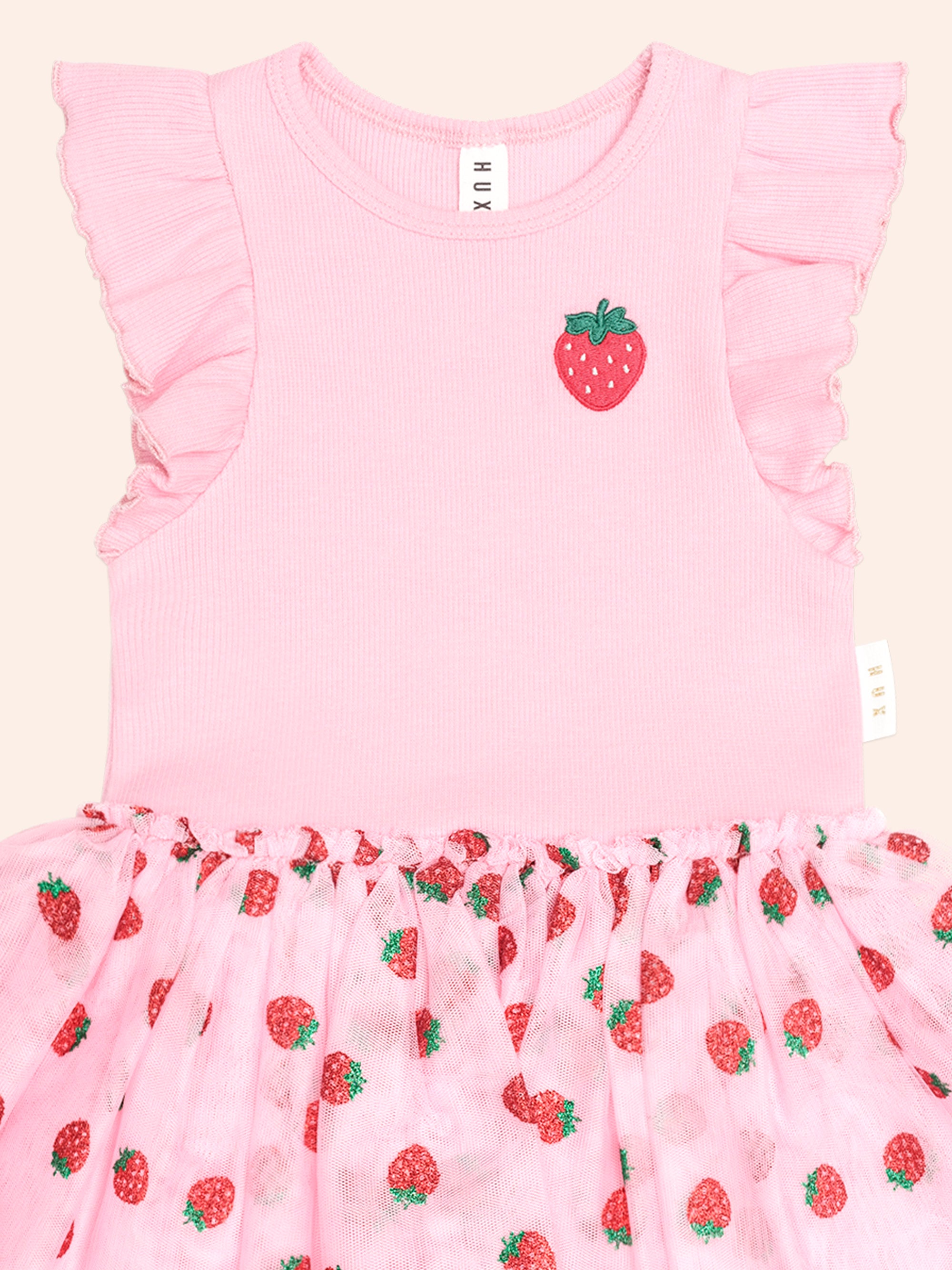HUXBABY STRAWBERRY EMB S/SLV TULLE DRESS in STRAWBERRY CRÈME