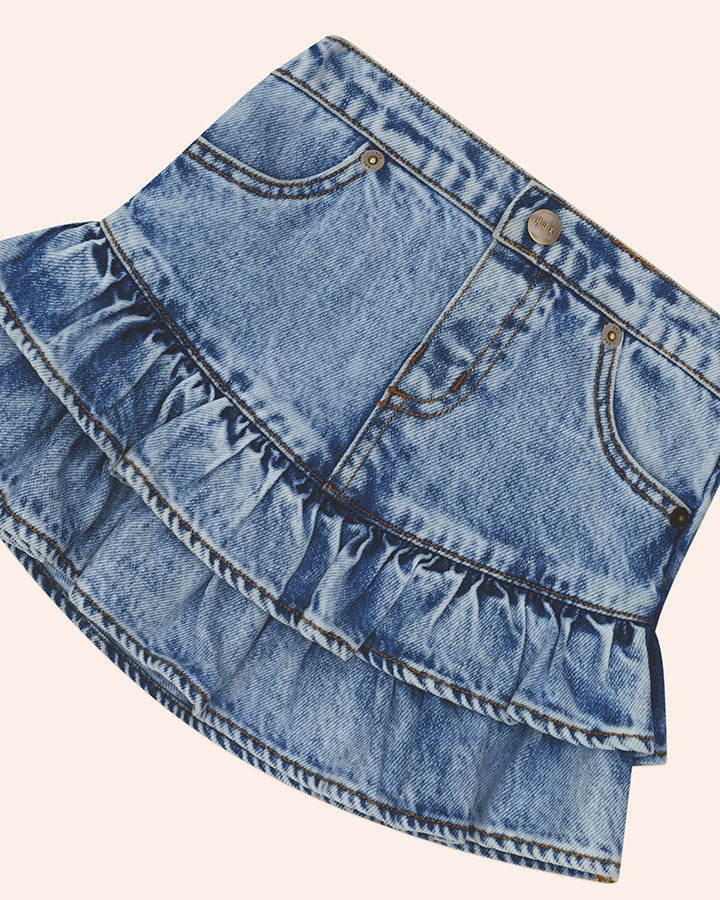 Huxbaby Dreamy Denim Tirered Skirt in DENIM BLUE