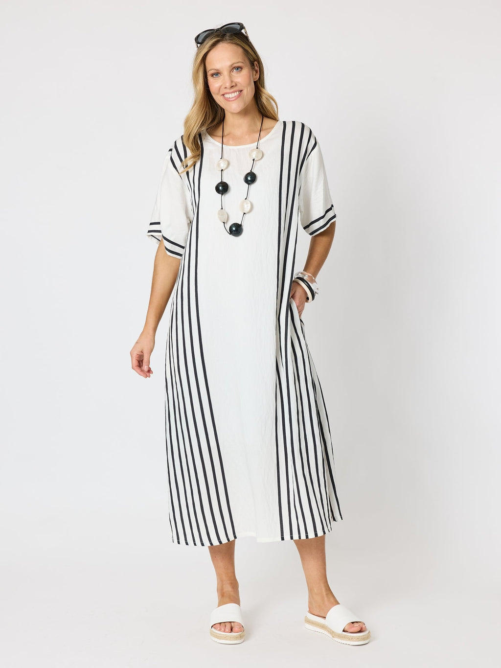 Clarity Sevilla Stripe Print Dress - White/Black in White/Black