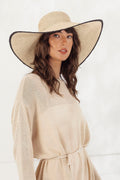 Morgan & Taylor Raegan Crochet Straw Sun Hat in Natural Beige and Black Stripe in Beige