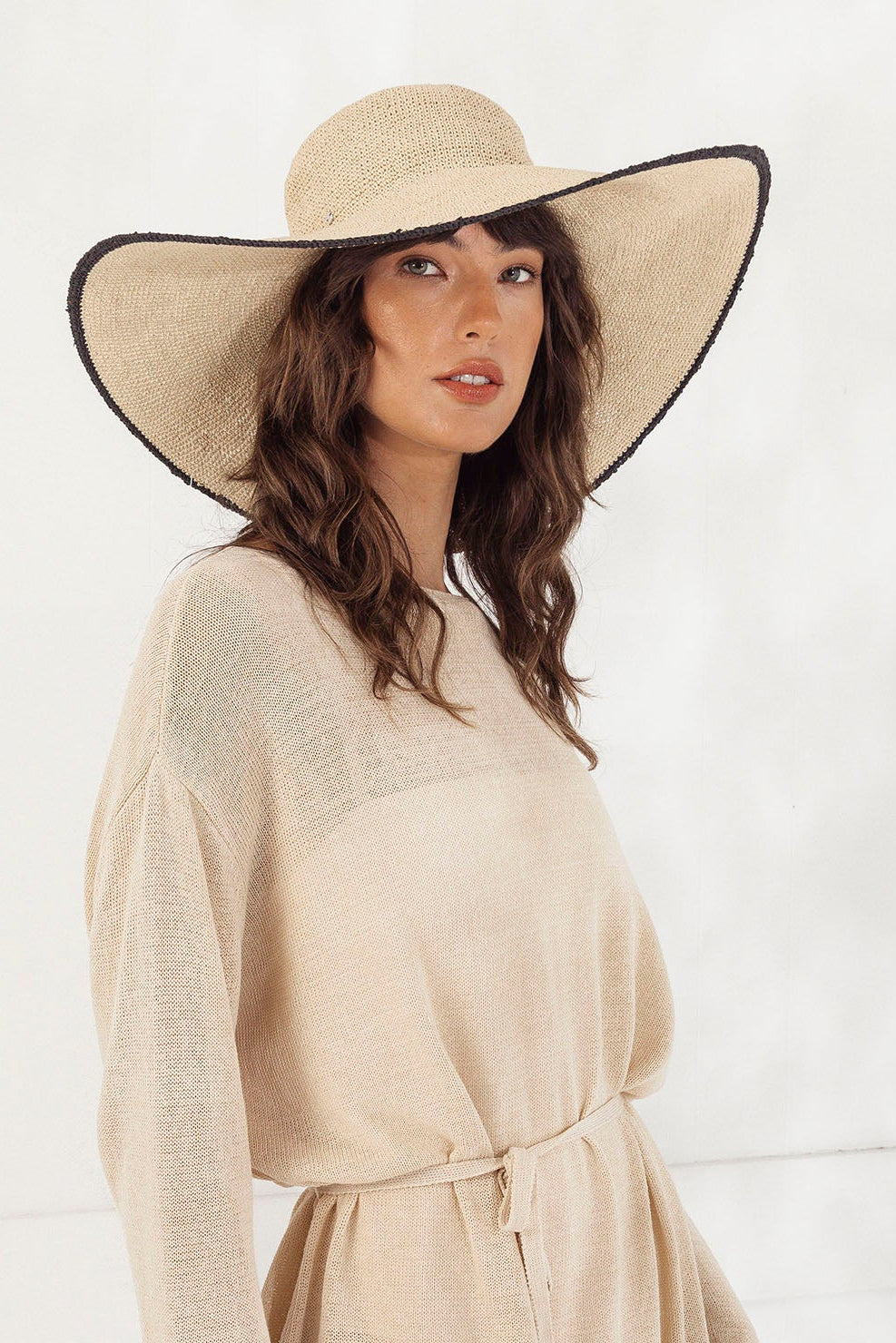 Morgan & Taylor Raegan Crochet Straw Sun Hat in Natural Beige and Black Stripe in Beige