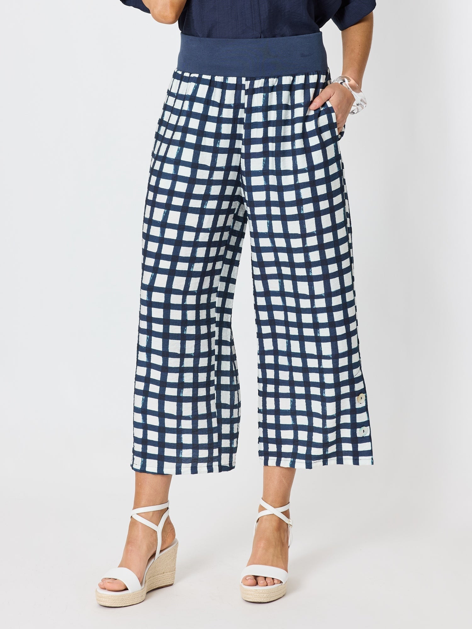 Clarity Monaco Grid Print Wide Leg Pant - Navy/White in Navy/White