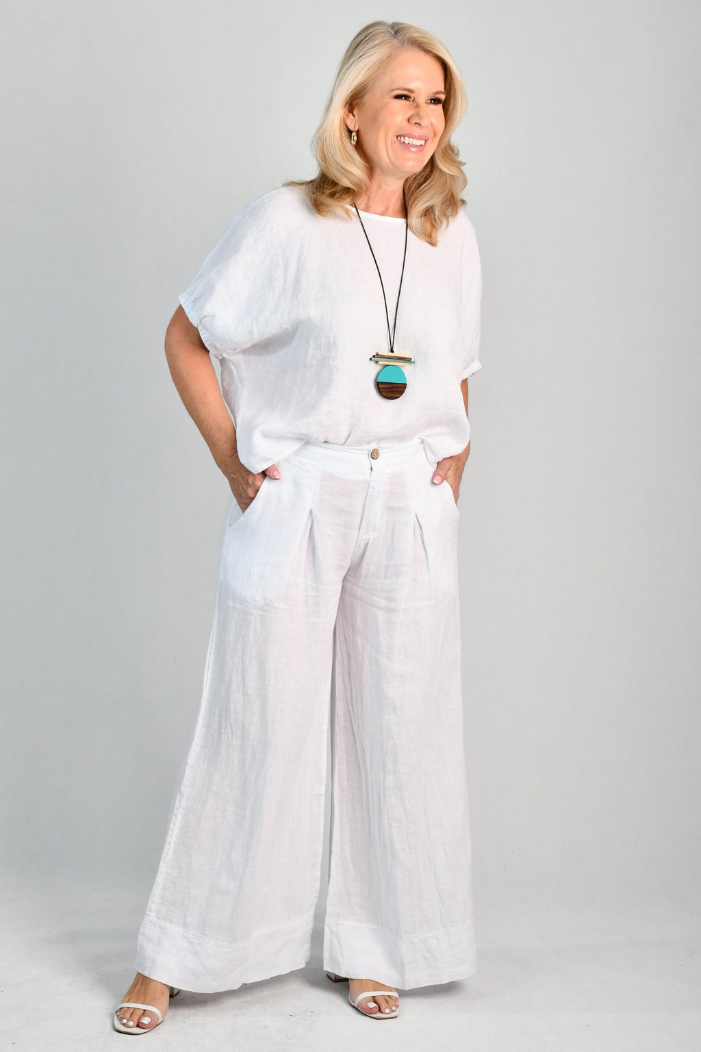 LA SOFIA VLSP130 (12786) - CAMILLA LINEN PANT - WHITE in White