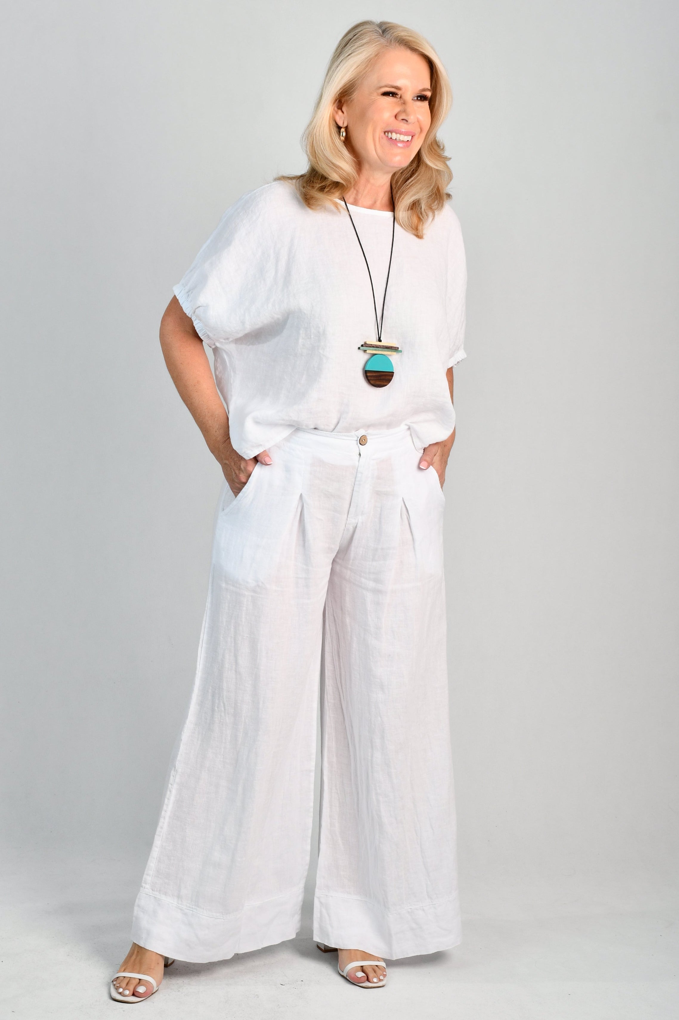 LA SOFIA VLSP130 (12786) - CAMILLA LINEN PANT - WHITE in White