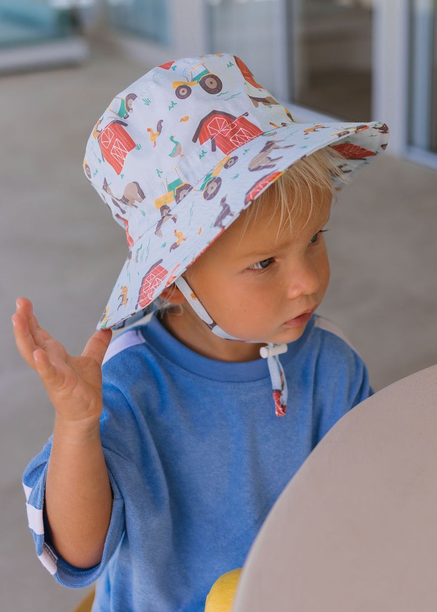 Acorn Kids Farmyard Wide Brim Bucket Hat in Blue and Multi