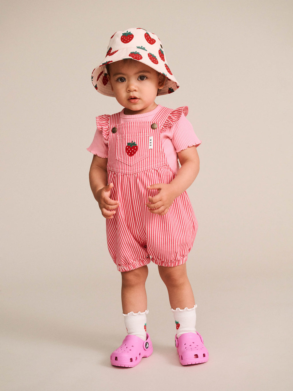 HUXBABY STRAWBERRY EMB STRIPE PLAYSUIT in HONEYSUCKLE / ALMOND MILK