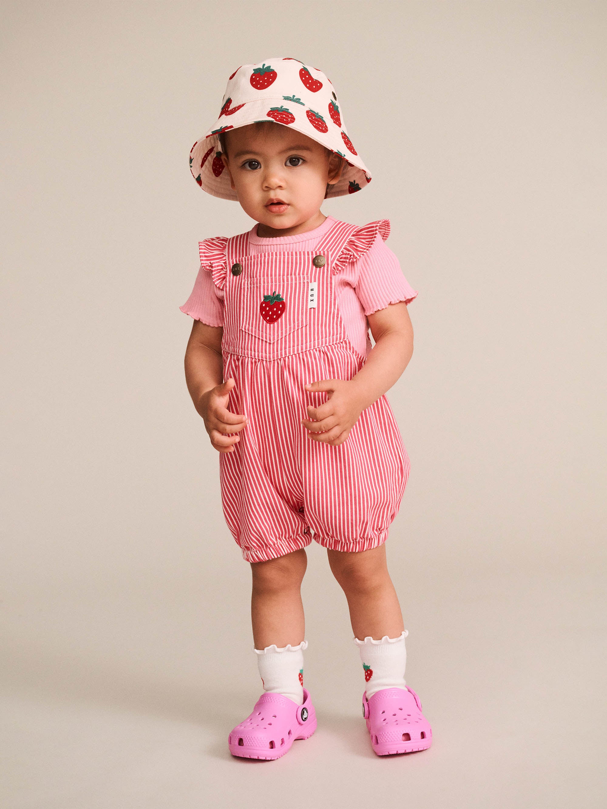HUXBABY STRAWBERRY EMB STRIPE PLAYSUIT in HONEYSUCKLE / ALMOND MILK