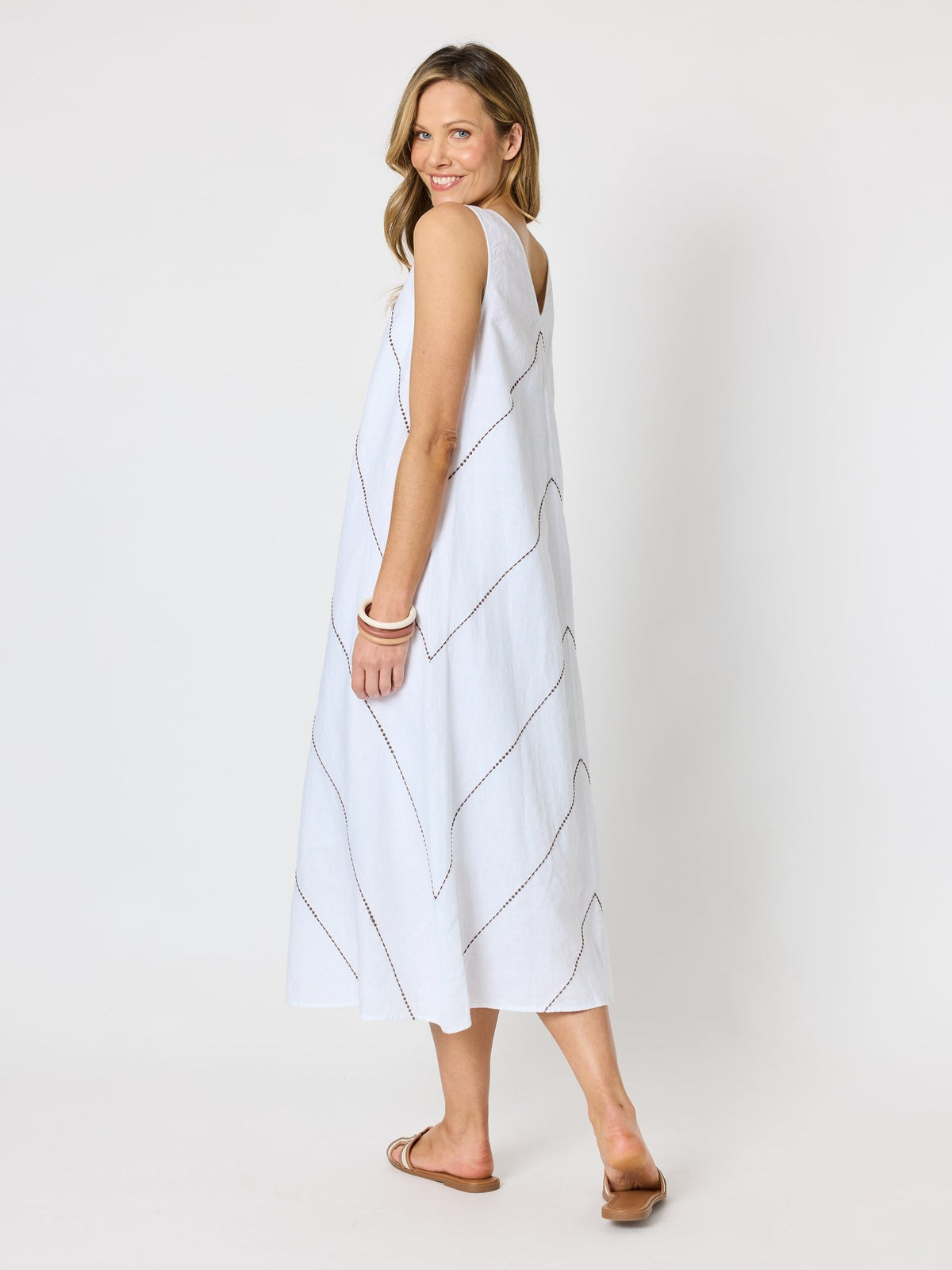 Hammock & Vine Haven Chevron Stitch Linen Dress - White Mocha in White Mocha