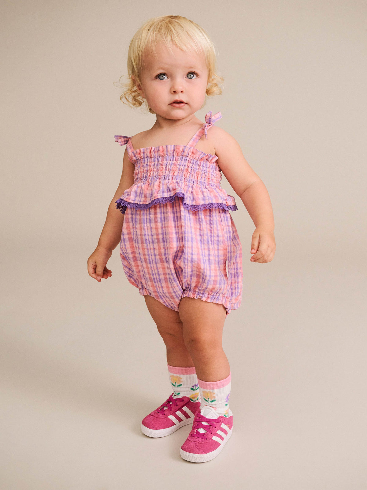 HUXBABY Tropical Check Tie Romper in MULTI