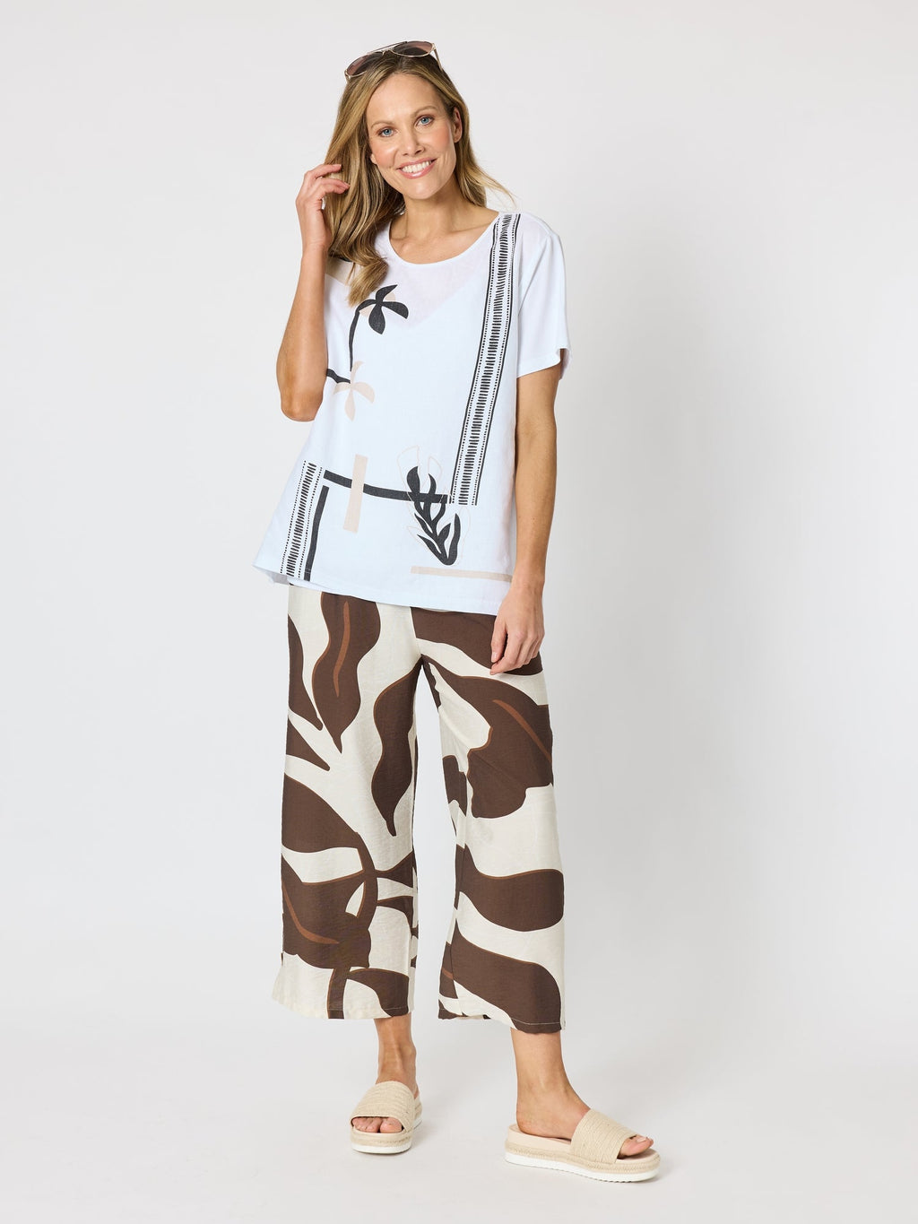 Clarity Bay Leaf Wide Leg Pant  - Mocha Multi in Mocha Multi