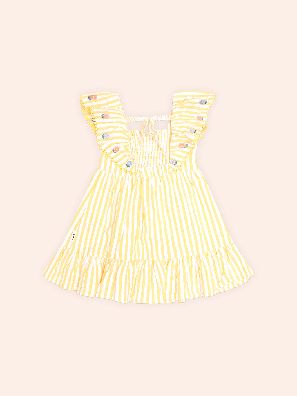 HUXBABY FLOWER FIELD STRIPE SHIRRED DRESS in GOLDEN/ALMOND MILK