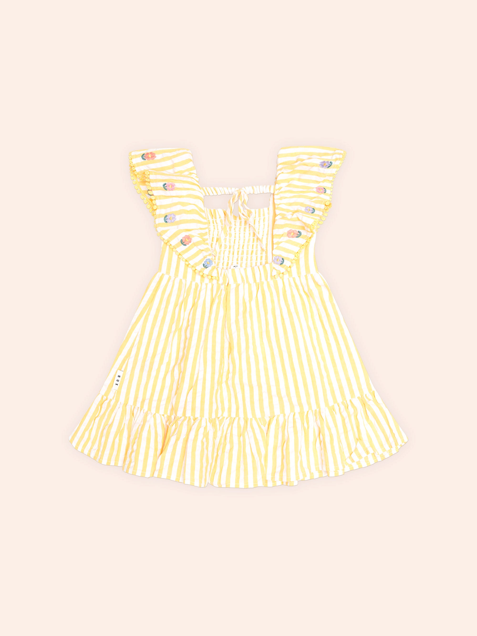 HUXBABY FLOWER FIELD STRIPE SHIRRED DRESS in GOLDEN/ALMOND MILK