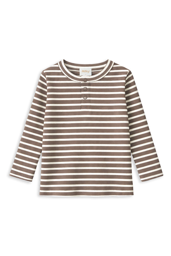 Milky Clothing Latte Stripe Henley in Latte Stripe