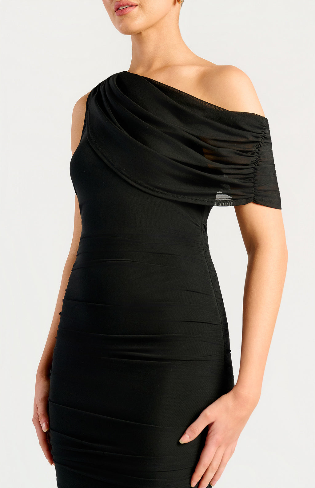 Style State - One Shoulder Drape Detail Mesh Dress
