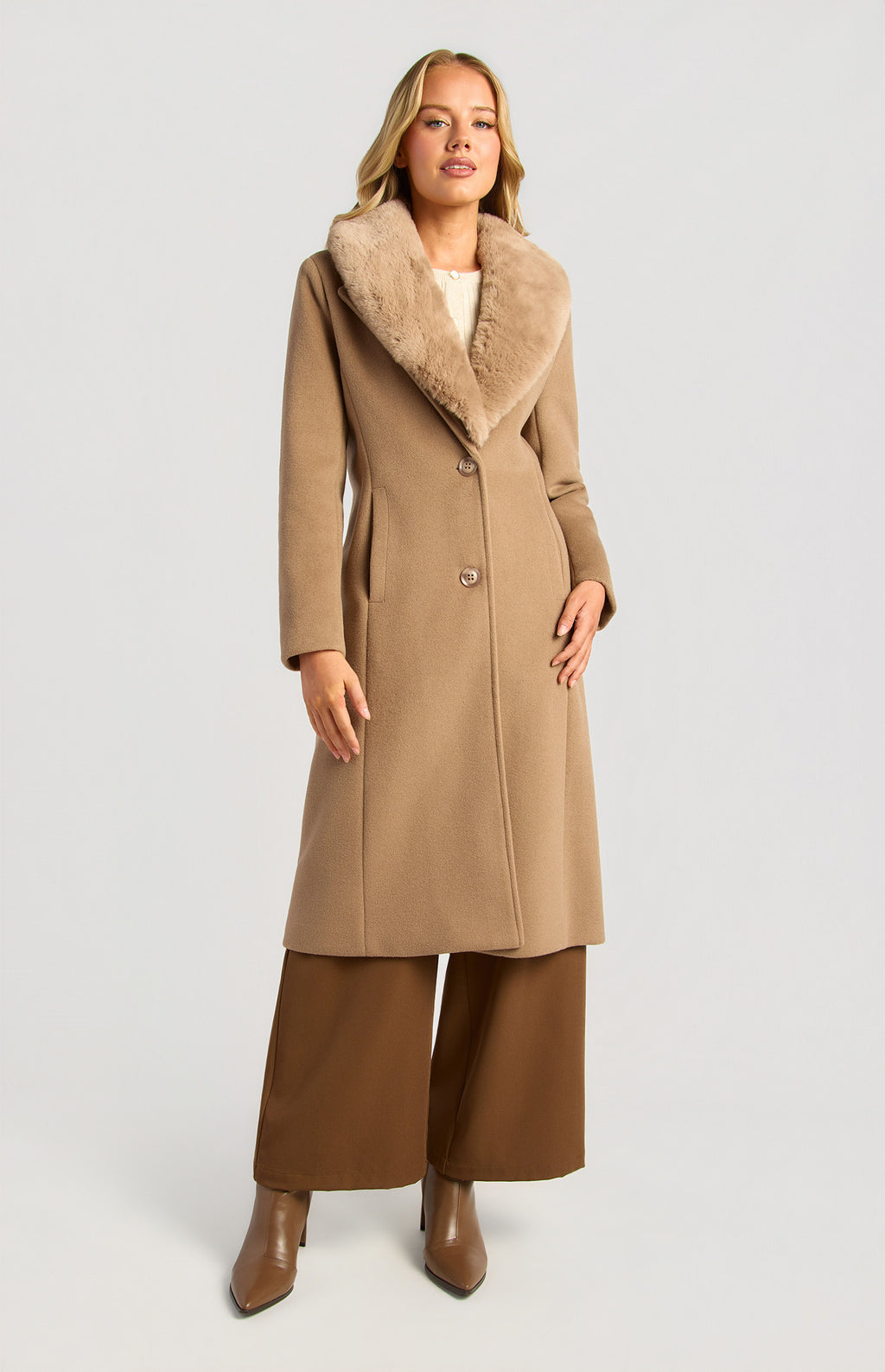 Style State - Detachable Fur Collar Faux Wool Coat