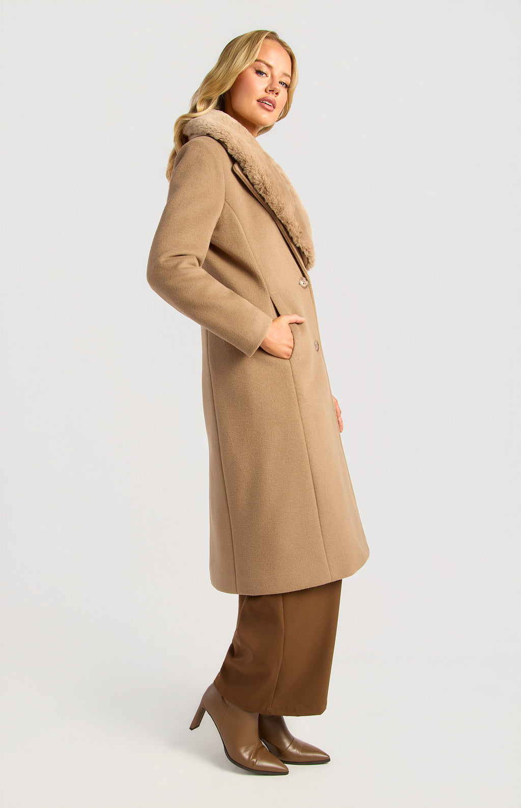 Style State - Detachable Fur Collar Faux Wool Coat