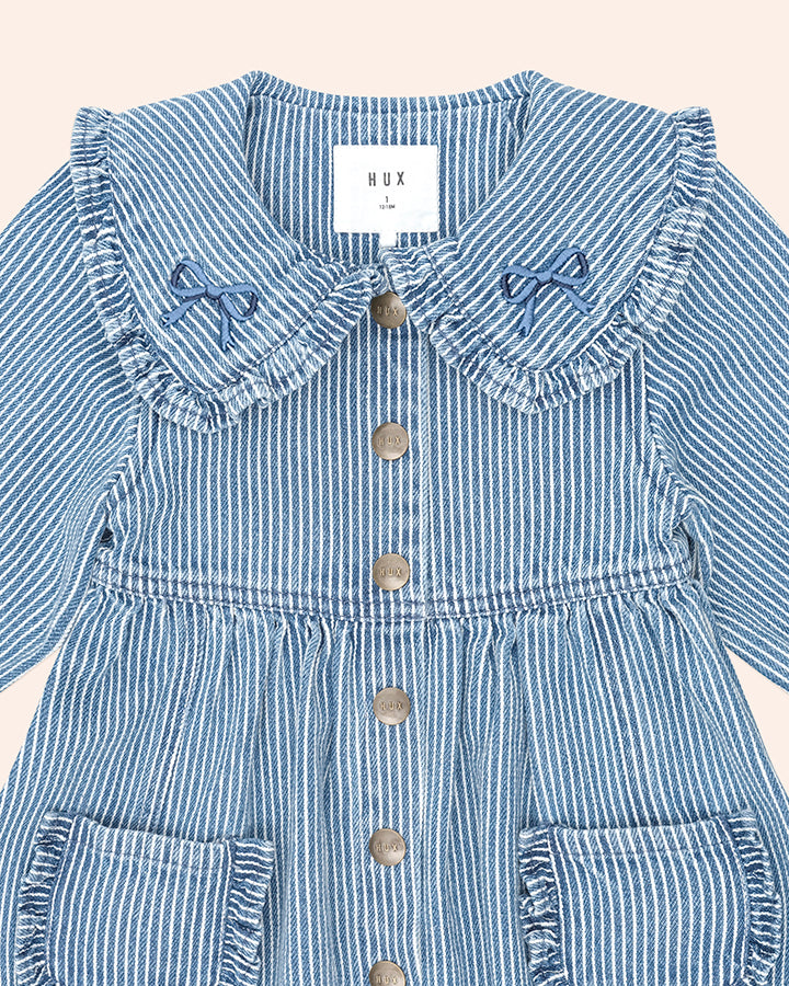 Huxbaby Vintage Bow Collar Denim Dress in BLUE STRIPE