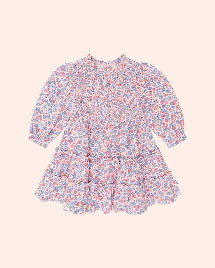 Huxbaby Vintage Floral Puff Long Sleeve Shirred Dress in DUSTY PINK MULTI