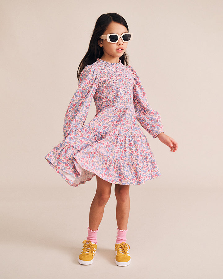 Huxbaby Vintage Floral Puff Long Sleeve Shirred Dress in DUSTY PINK MULTI