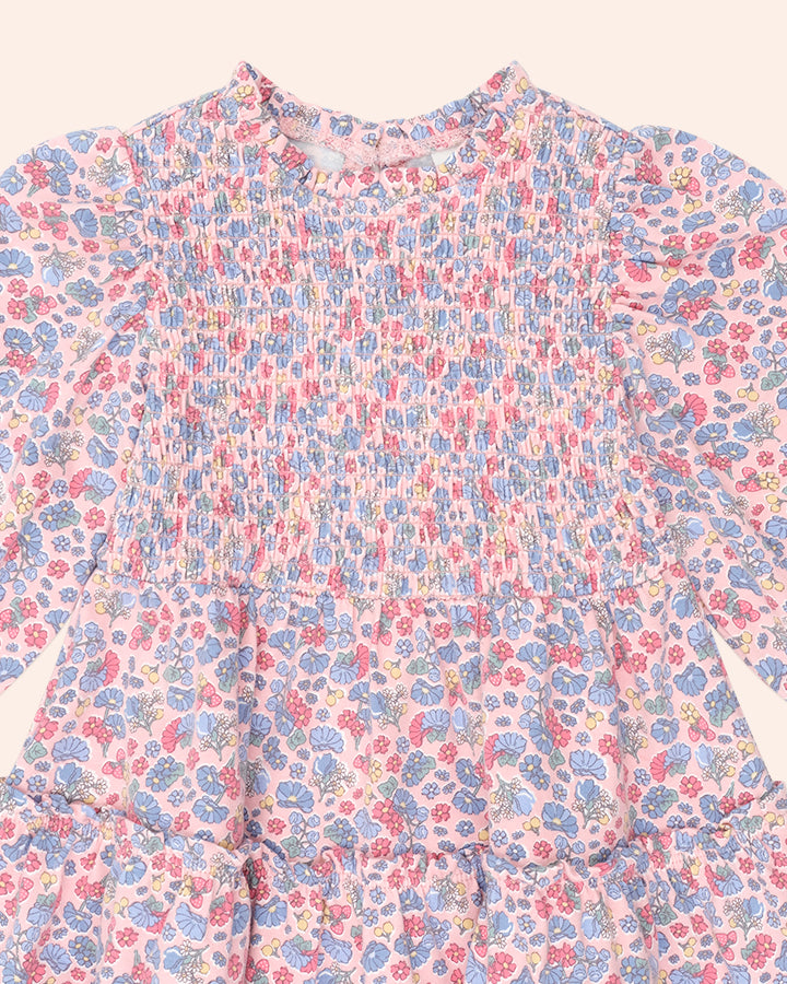 Huxbaby Vintage Floral Puff Long Sleeve Shirred Dress in DUSTY PINK MULTI