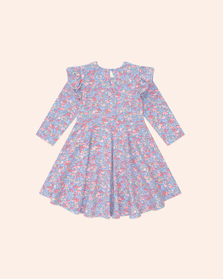Huxbaby Vintage Floral Shirred Long Sleeve Dress in BIJOU BLUE MULTI