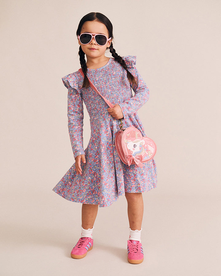 Huxbaby Vintage Floral Shirred Long Sleeve Dress in BIJOU BLUE MULTI