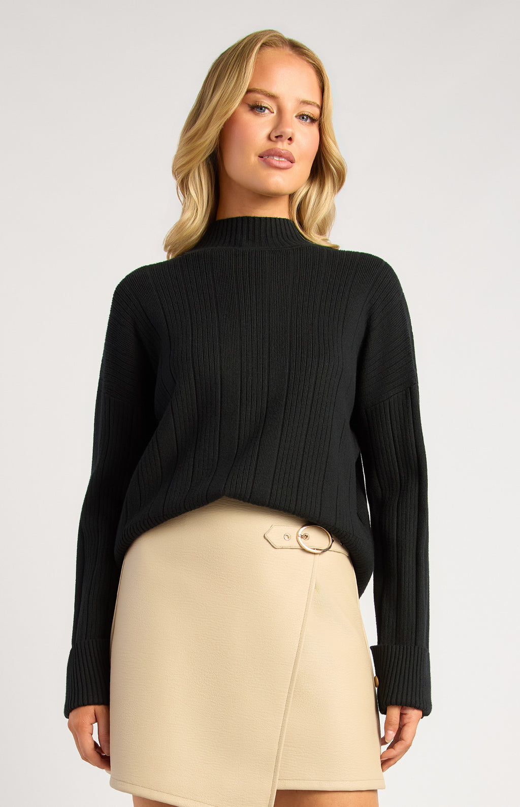 Style State - High Neck  Knit Top W/Gold Buttons