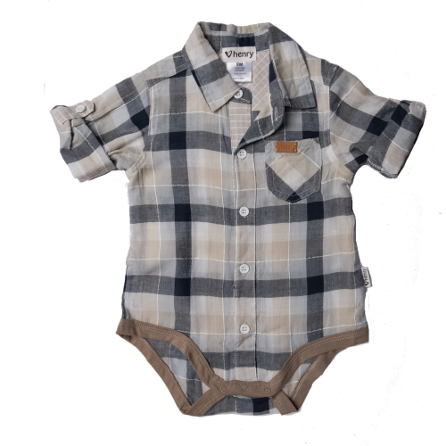 Love Henry – Baby Boys Shirt Romper – Blue/Taupe Check