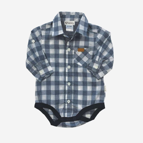 Love Henry – Baby Boys Dress Shirt Romper – Large Blue Check