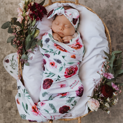 Snuggle Hunny – Peony Bloom I Baby Jersey Wrap & Topknot Set